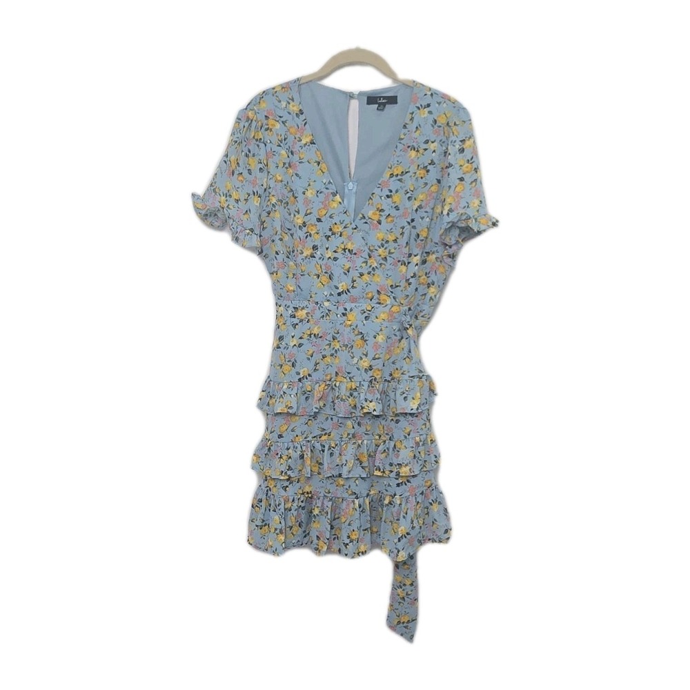 LULUS XL Soft Blue Chiffon Floral V-neck Flutters Sleeve Ruffle Faux Wrap Dress